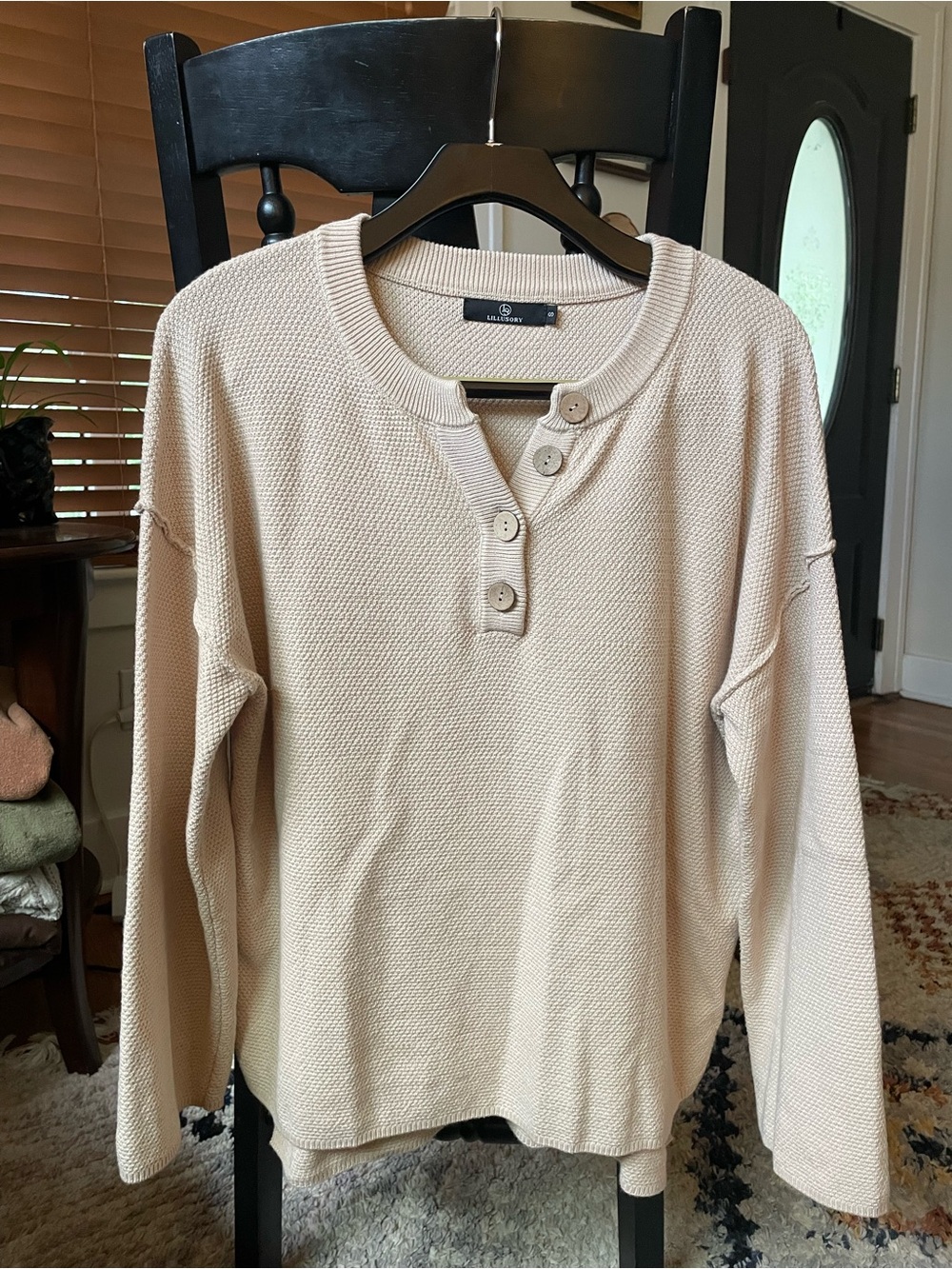 Light Beige Henley Crew Neck Sweater - Women